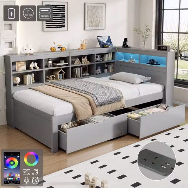 Matteo Grey Fabric Single Daybed with LED Under-Bed Lighting, USB Charging Port, Bedside Shelf and Storage Drawers, W/D/H: 90 x 190 cm