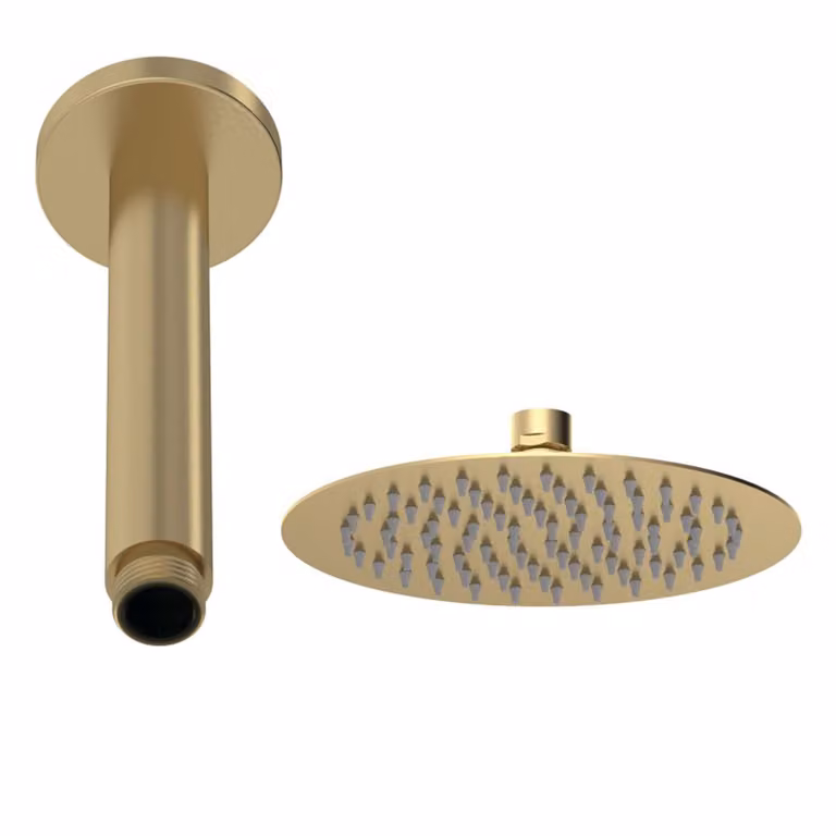 Windon Round Brushed Brass Fixed Overhead Shower Head with Ceiling Mounted Arm and Anti-Limescale Feature, Diameter: 200 mm
