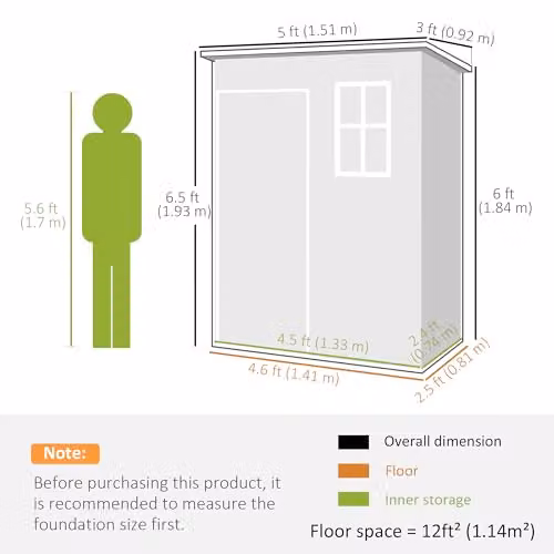 Outsunny Grey Plastic Pent Garden Shed with Floor, Window, Side Vent and Lockable Single Door – 7