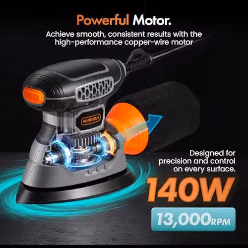 VonHaus 140W Detail Palm Sander in Grey and Orange – 2