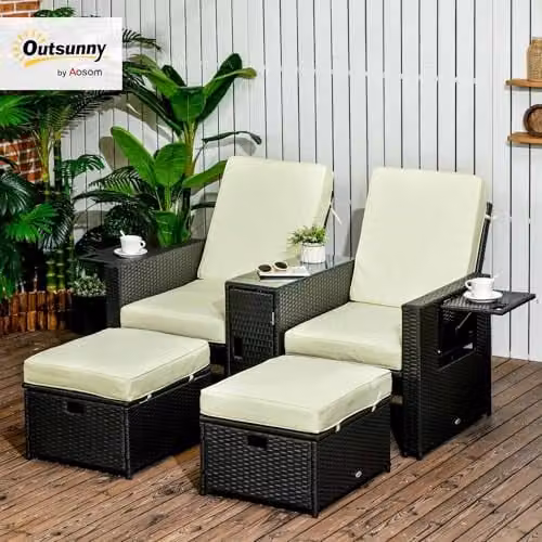 Outsunny 5-Piece PE Rattan Sun Lounger Set with Adjustable Headrest and Side Tray, Black – 2