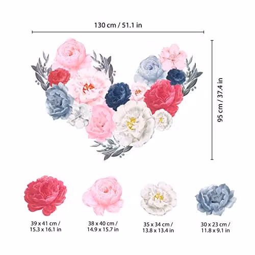 WALPLUS Removable Floral Wall Stickers in Blue and Pink, 18 Piece Botanical Set for Nursery and Kids Bedroom Decor – 3