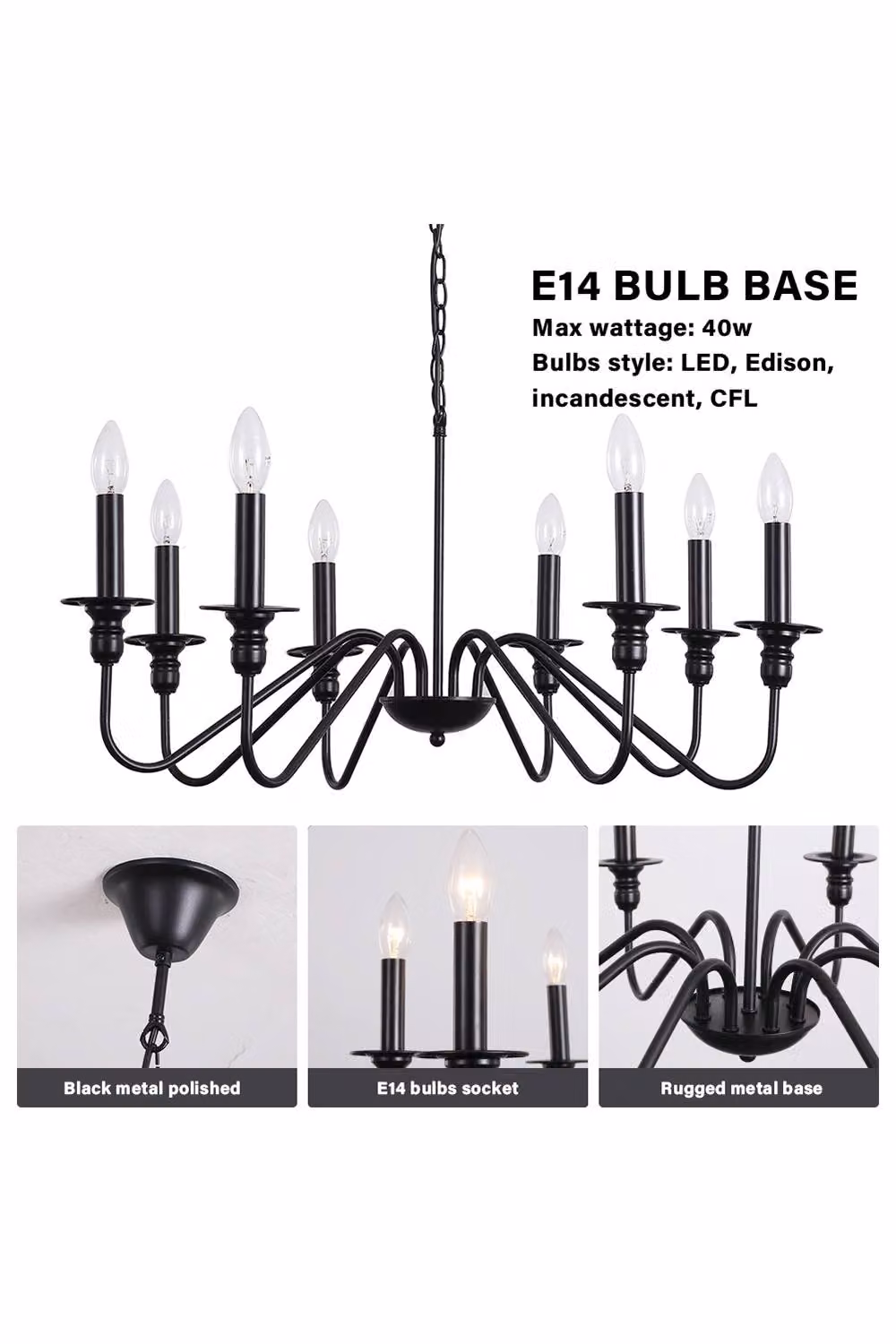 Living and Home Vintage Style Metal Candle Pendant Light in Black – 2