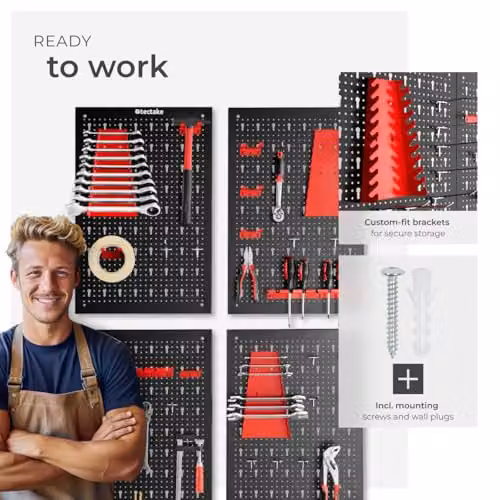 tectake 4-Panel Metal Pegboard Wall-Mounted Tool Organiser with Hooks and Holders in Black and Red – 3