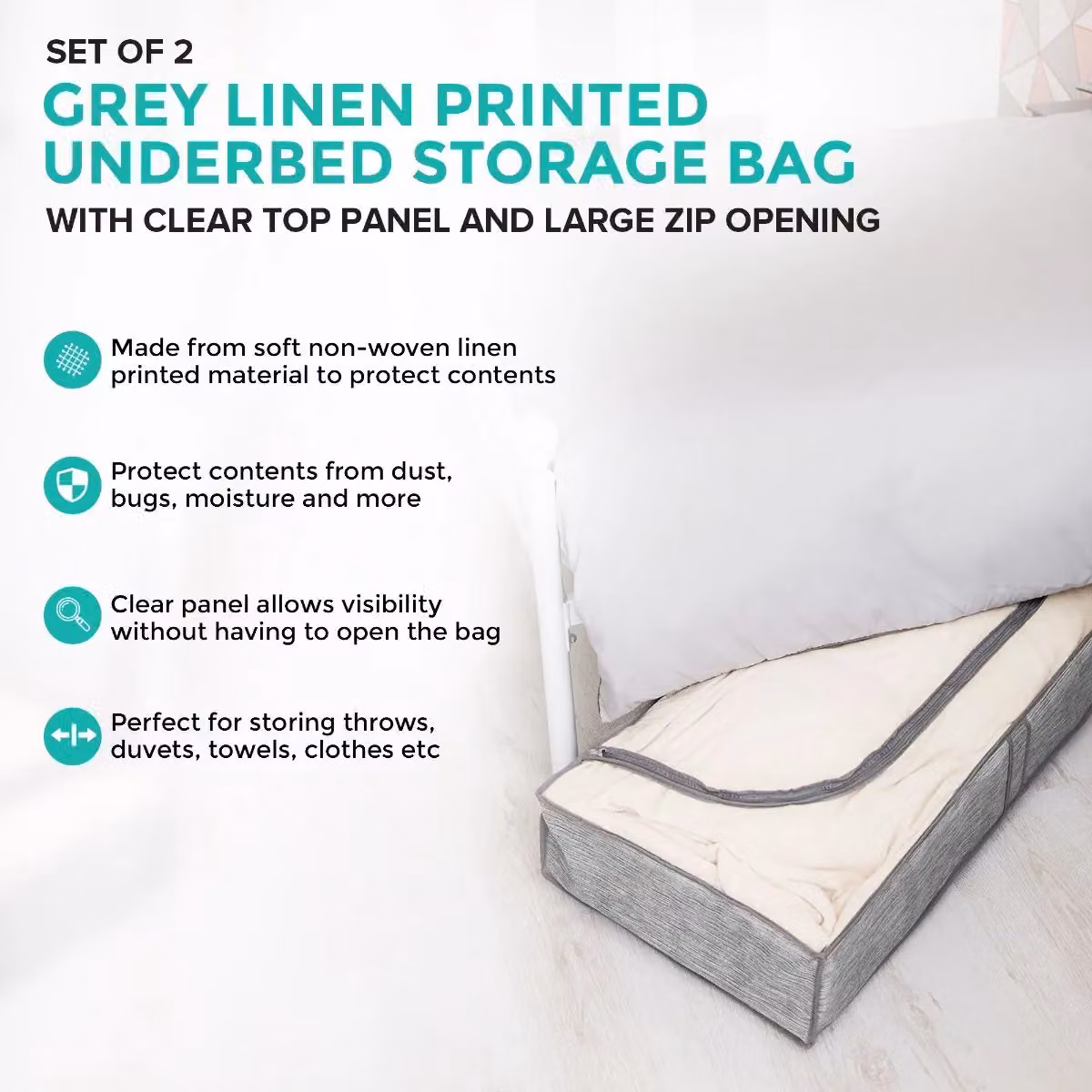 LIVIVO Set of 2 Grey Linen Underbed Storage Bags with Window and Handles – 2
