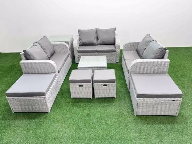 Fimous PE Rattan Garden Furniture Set in Light Grey with 2-Seater Sofa, Coffee Table, 4 Footstools and Side Table