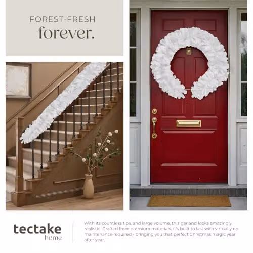 tectake Christmas Garland in White and Green with Lifelike Leaves and Hanging Loop – 4