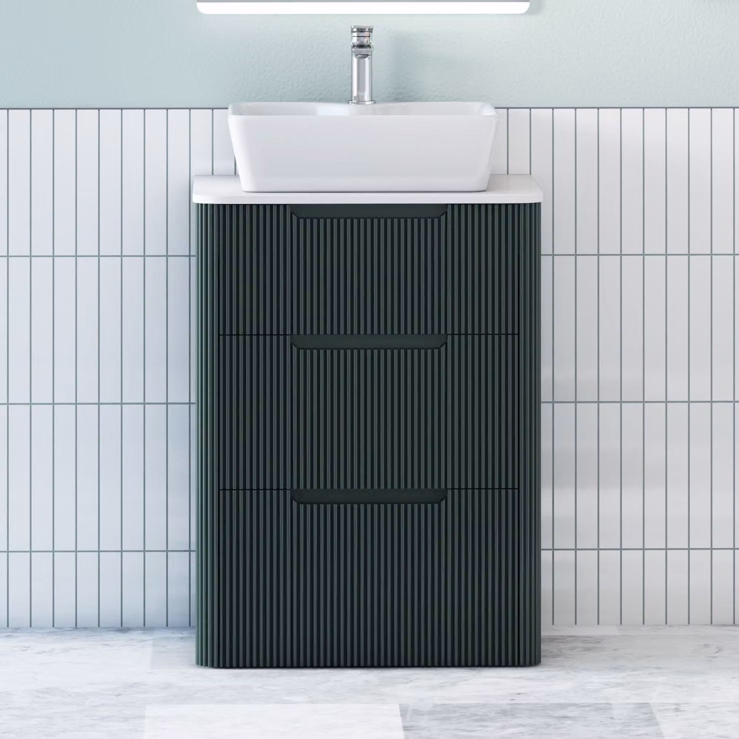 Royal Bathrooms Avenza Floor Standing Vanity Unit with Cube Basin, Moss Green and White, 3 Drawers and Soft Close Doors