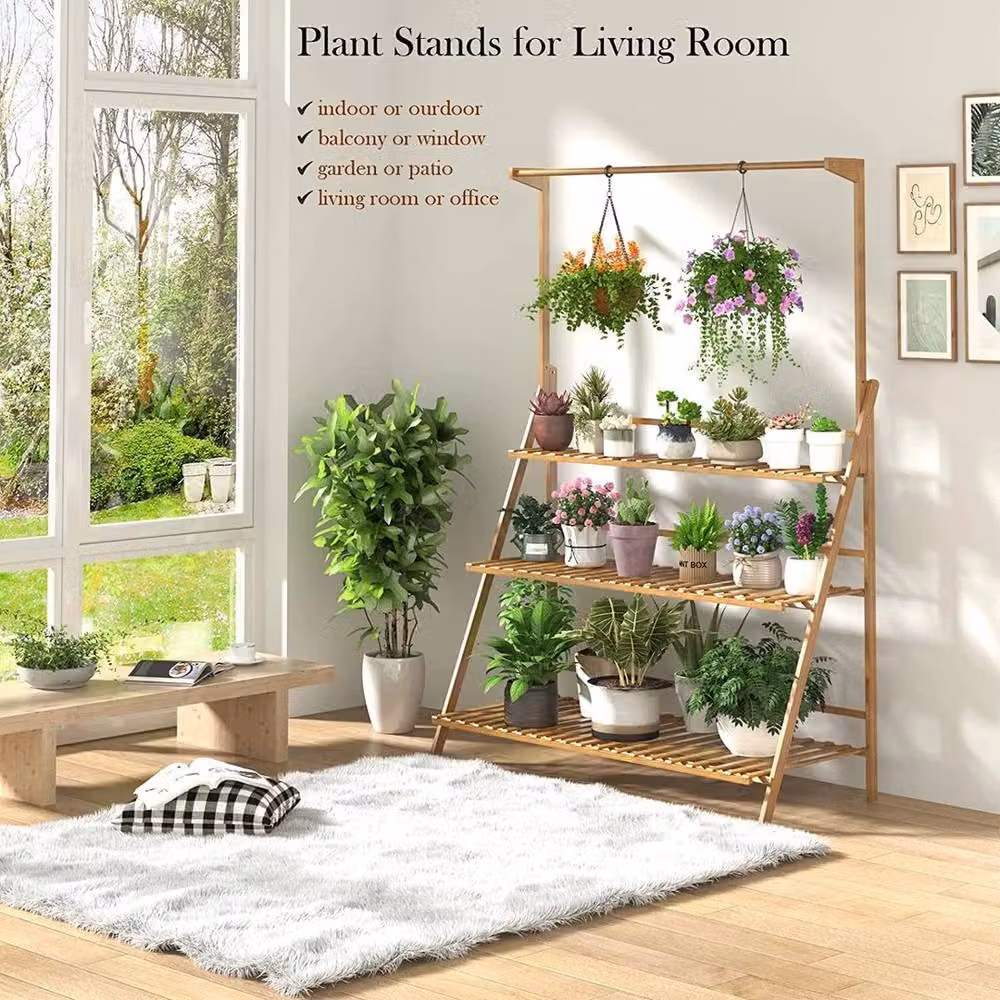 FLAVORA 3 Tier Bamboo Hanging Plant Stand in Natural Brown, W/D/H: 70 x 40 x 96 cm – 4
