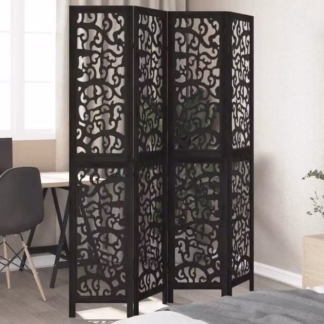 Berkfield Home 4-Panel Black Solid Paulownia Wood Room Divider – 1