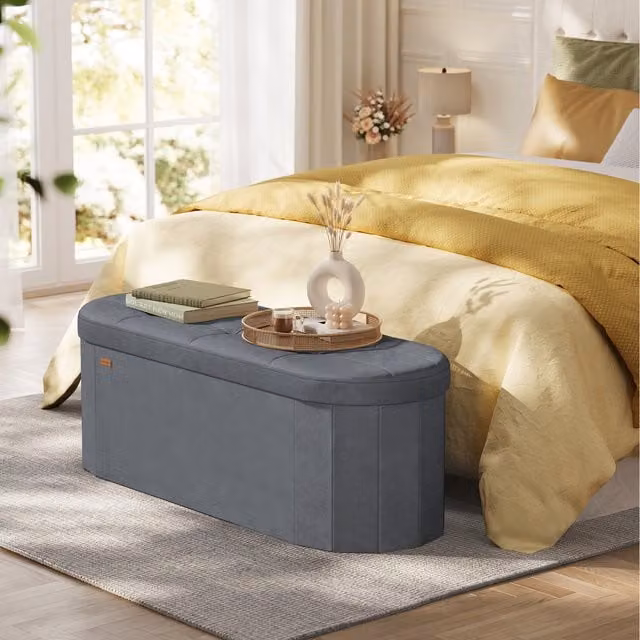 SONGMICS Storage Ottoman Bench in Grey Velvet Fabric, Rectangular Folding Foot Rest Stool, W/D/H: 110 x 38 x 38 cm
