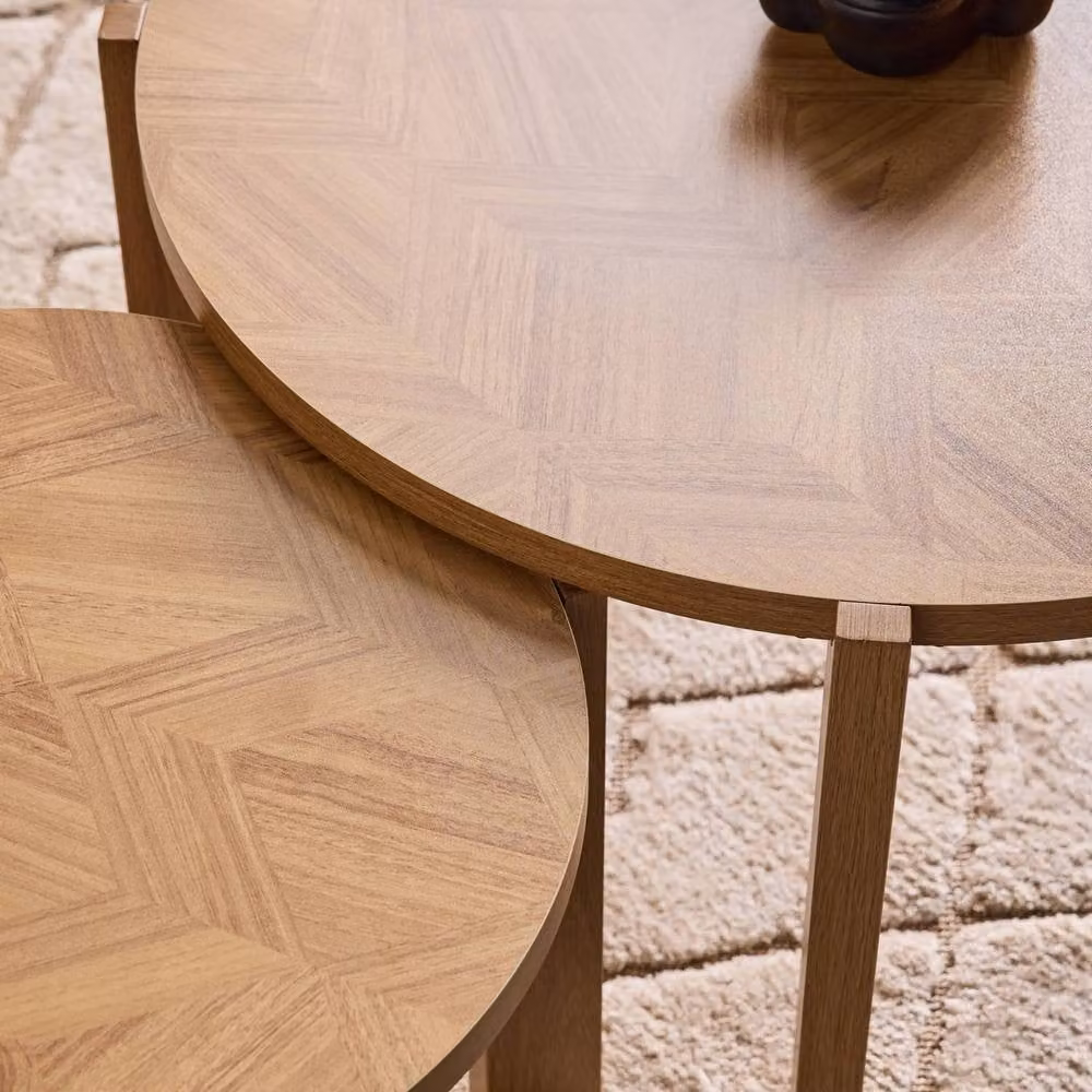 Sweekeet Set of 2 Vintage Nesting Tables with Round Brown Chevron Effect Tops – 3