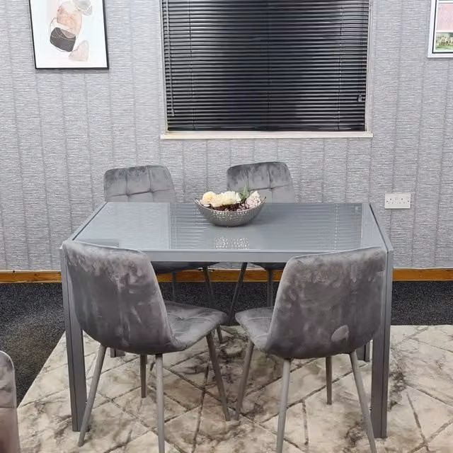 Kosy Koala Grey Dining Set with Rectangular Transparent Glass Top and 4 Grey Velvet Chairs