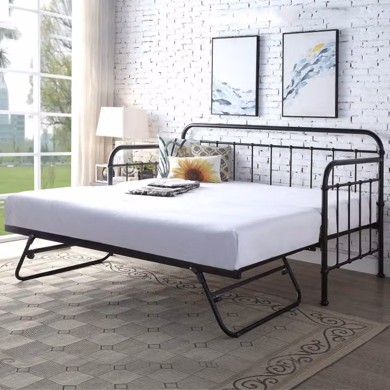 SlumberWorx Ickleford Industrial Metal Day Bed Frame with Trundle in Black, Single W/D/H: 90 x 200 cm