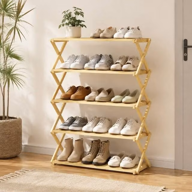 STILVORA Five-Tier Folding Bamboo Shoe Rack in Sand – 1