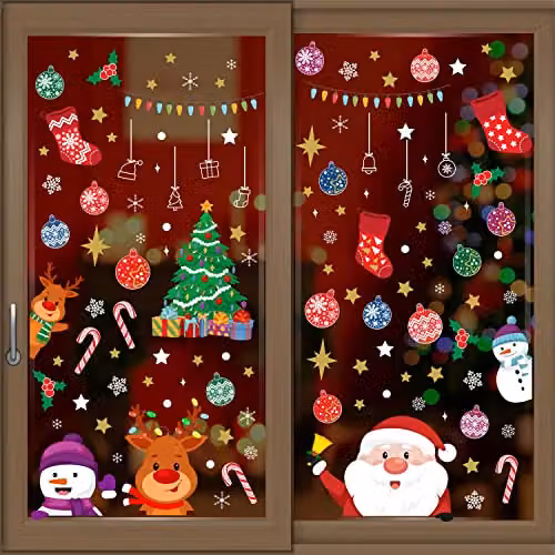 WALPLUS Christmas Window Stickers with Santa and Friends, 109 Piece Reusable Double-Sided Decals for Glass Display, Multicolour