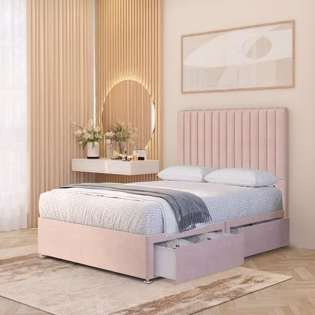 Somnior Beds Ltd Verona Velvet 4000 Pacific Orthopaedic Pocket Spring Divan Bed Set with Headboard and Drawers, Pink, W/D/H: 120 x 200 cm