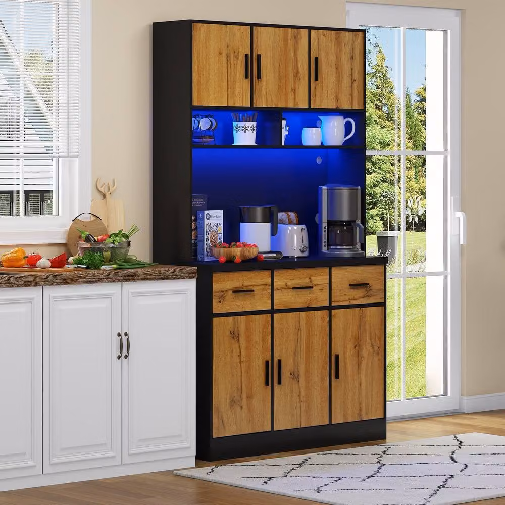 BTM Modern Black Tall Kitchen Pantry Cabinet with Integrated Lighting and Internal Drawers, H 180 cm – 1