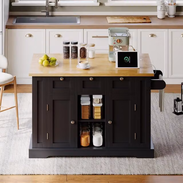 Aosom UK Versatile Kitchen Island Trolley with 3 Drawers, 2-Door Cupboards and Extendable Worktop, Natural and Black, W: 132 cm, D: 70 cm, H: 87 cm