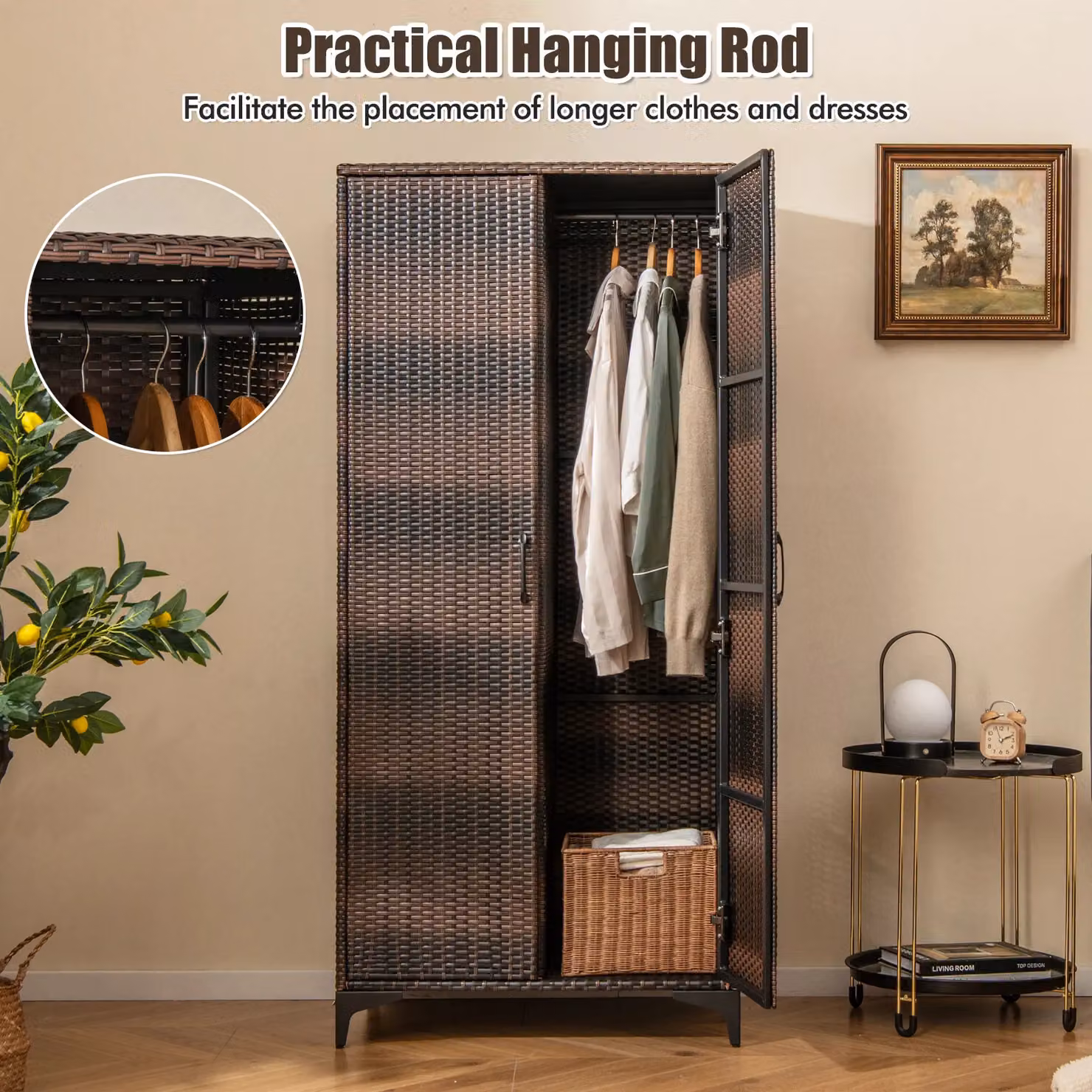 Costway PE Rattan Wardrobe in Brown with Hanging Rod and Hinged Doors, Width: 157 cm – 4