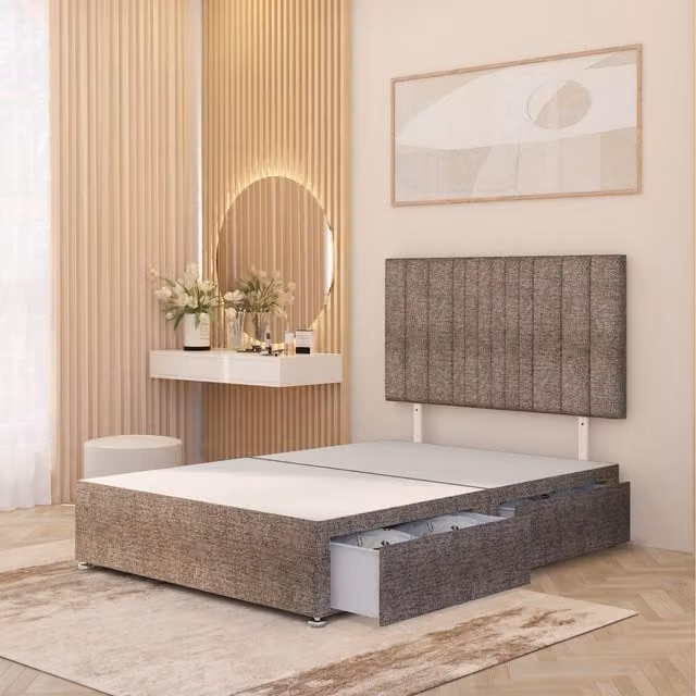 Somnior Beds Ltd Arizona Brown Tweed Fabric Upholstered Divan Bed Base with Drawers and Headboard
