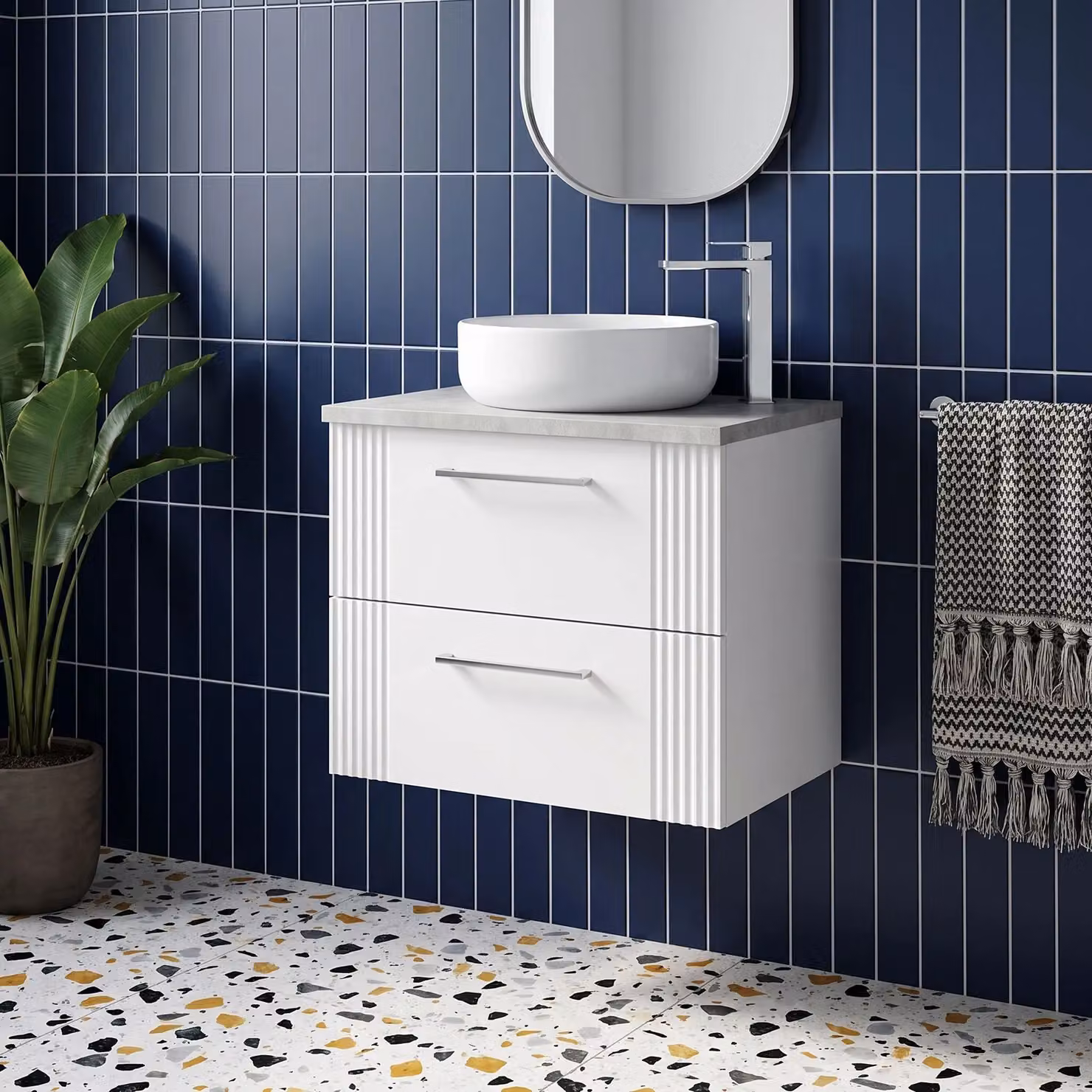 Balterley Wall Hung Bathroom Vanity Unit with 2 Soft Close Drawers and Laminated Worktop, White and Bellato Grey, W/D/H: 60.5 x 39.0 x 52.2 cm – 2