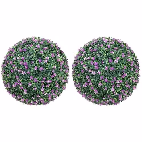 HOMCOM Set of 2 Purple Artificial Hanging Topiary Balls with Floral Accents, 40 cm