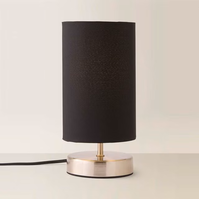 Francis Brushed Chrome Touch Table Lamp with Black Fabric Cylinder Shade