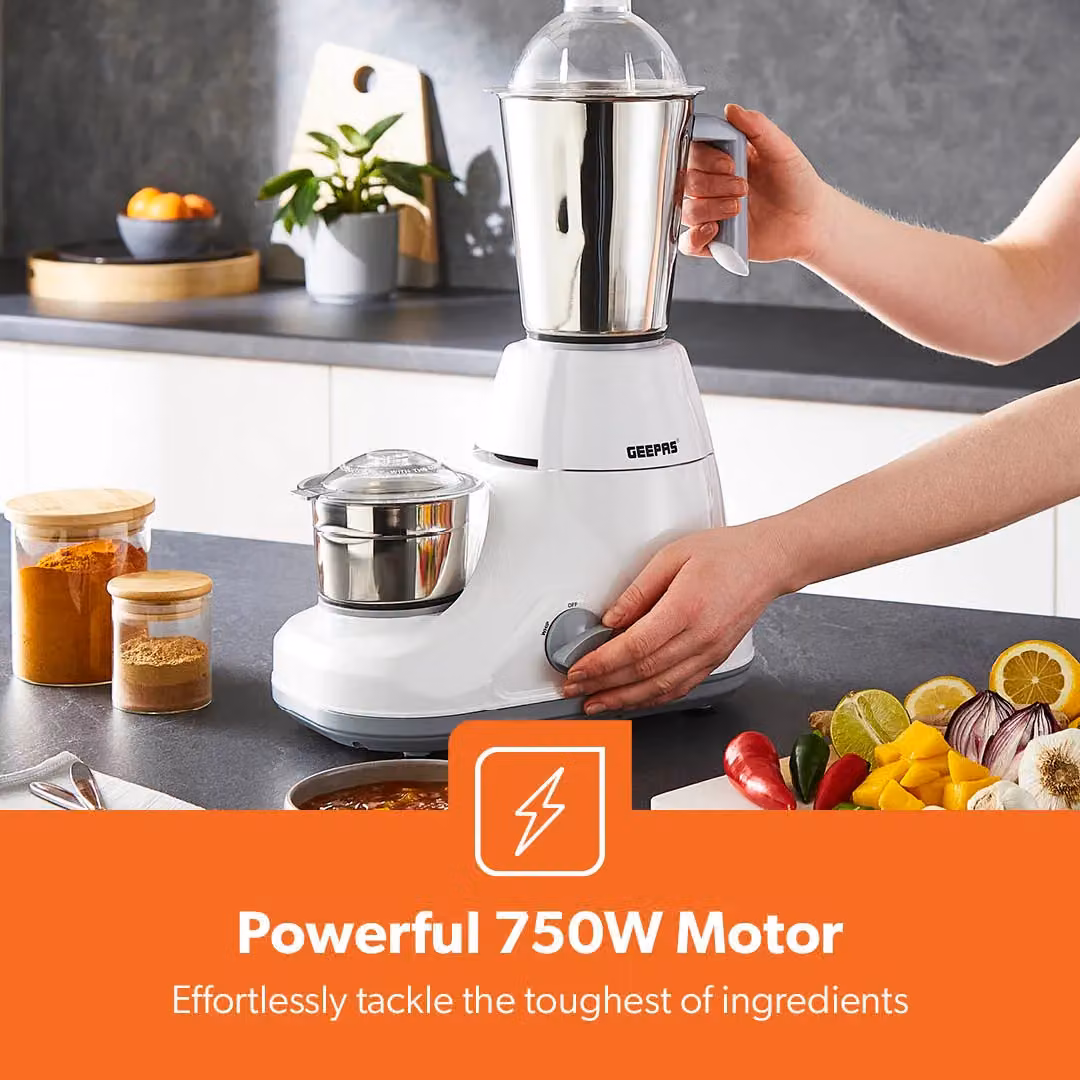 Geepas 750W Electric Mixer Grinder and Kitchen Blender with 3 Stainless Steel Jars, White – 6