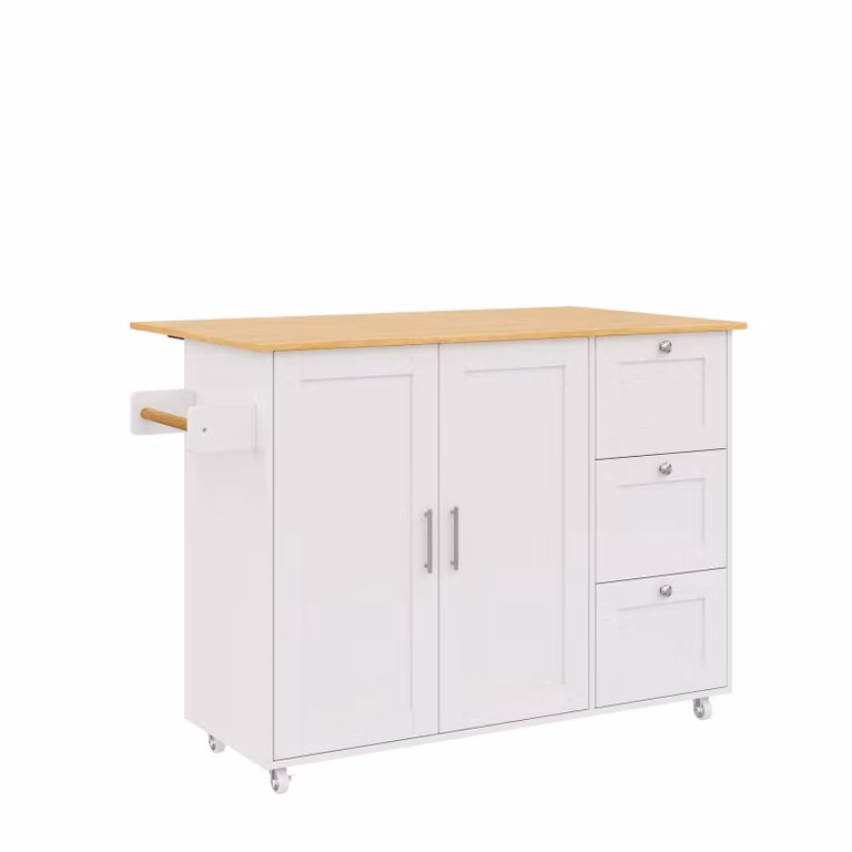 Aosom UK White Kitchen Island Trolley with 3 Drawers, 2-Door Cabinet and Foldable Worktop, W/D/H: 70 x 135 x 90 cm