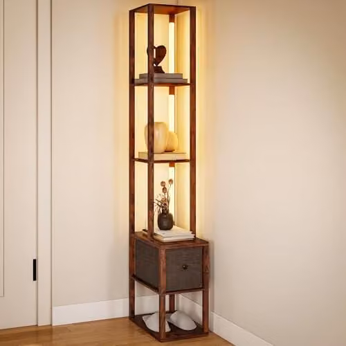 HOMCOM LED Floor Lamp with Shelves and Fabric Shade in Rustic Brown – 1