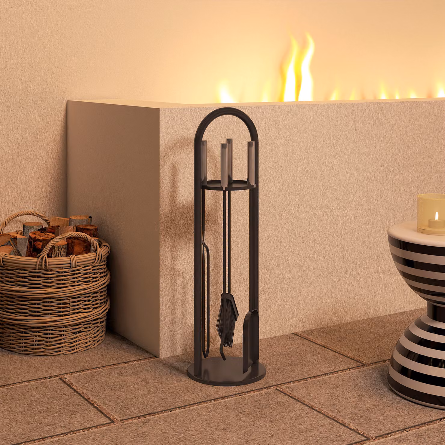 Outsunny 5 Piece Black Metal Fireplace Companion Set with Broom, Shovel, Poker, Tongs and Stand – 8