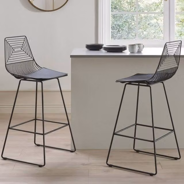 Wyld Haus NovaLine Set of 2 Black Metal Bar Stools with Faux Leather Seats