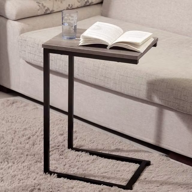 House Of Home Rustic Metal and Wood C-Shaped Side Table in Black