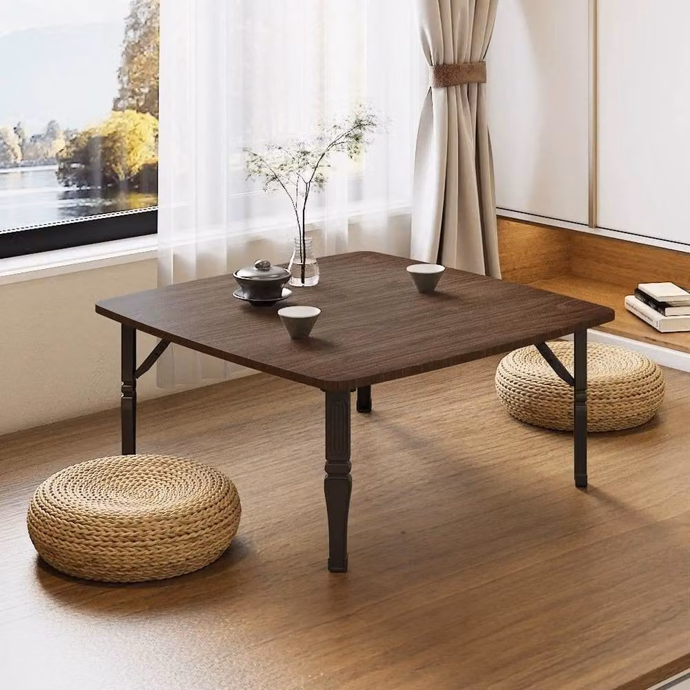 KORVIXA Brown Square Folding Coffee Table for Tatami and Bay Windows, W: 100 cm x D: 100 cm – 1