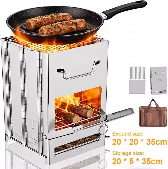 FLAVORA Portable Folding Stainless Steel Outdoor Tabletop Wood Stove in Silver, W/D/H: 35 x 20 x 20 cm