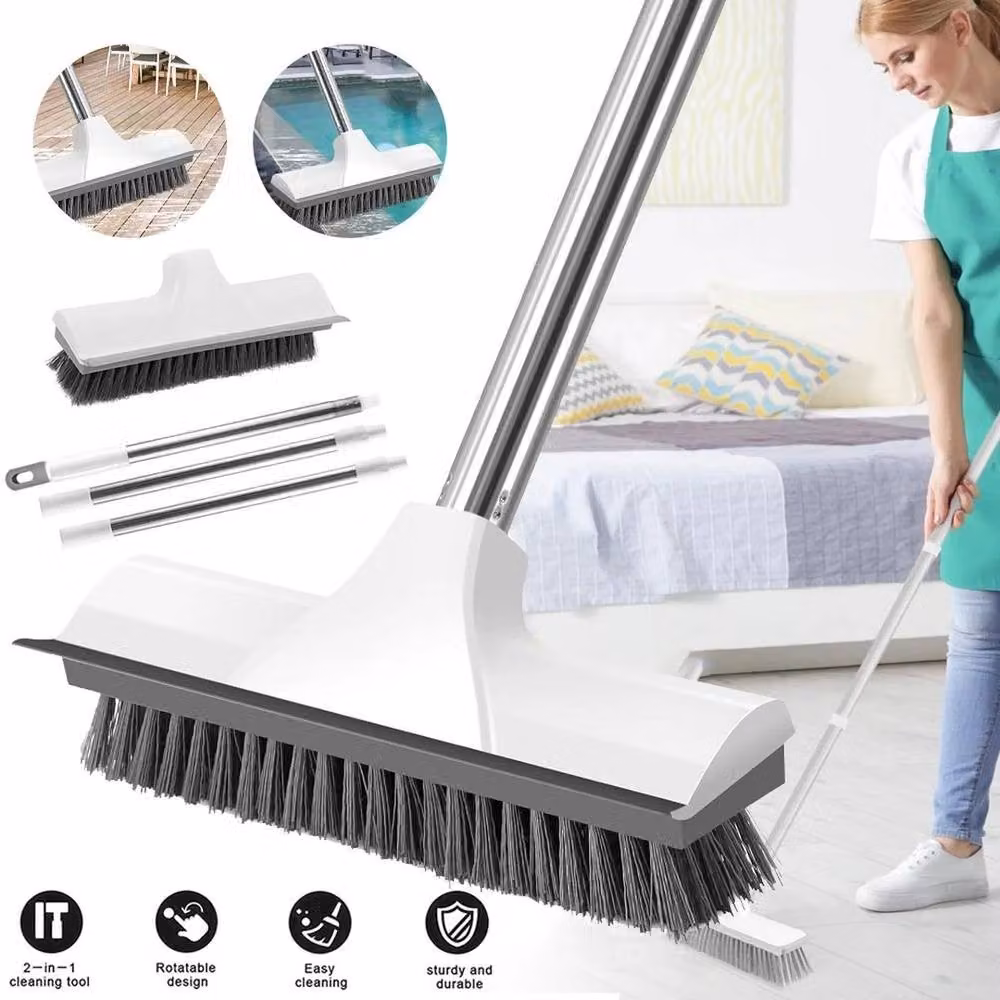 KORVIXA 2-in-1 Adjustable Floor Brush with Scraper and Telescopic Handle, White and Multicolour – 3