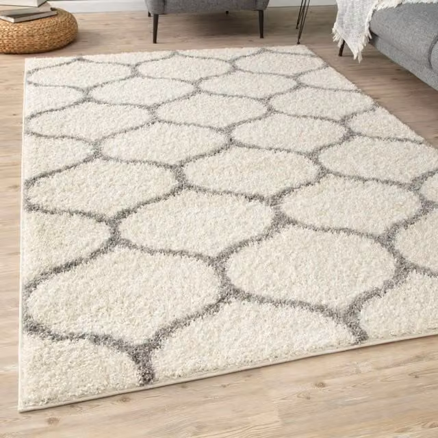 THE RUGS Moroccan Soft High Pile Shaggy Trellis Rug, Off-White, W: 200 cm, D: 290 cm