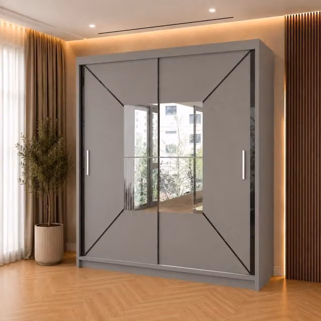 Sliding Wardrobes 4U Double Center Mirror Sliding Door Wardrobe in Grey, W: 150 cm, H: 217 cm
