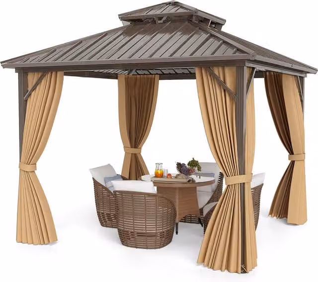 COSTWAY Outdoor Hardtop Gazebo Pergola in Brown with Galvanised Steel and Aluminium Hip Roof