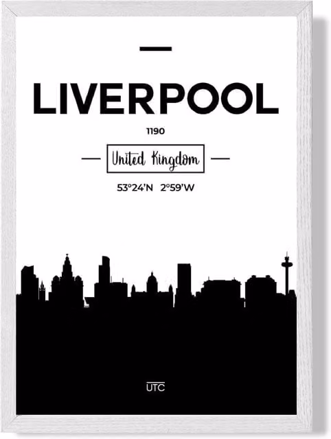 ARTZE Liverpool Black and White City Skyline Framed Print in White Frame, A2