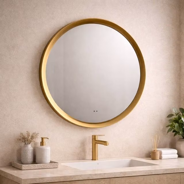 Bathroom Kingdom Orla Round Illuminated LED Mirror in Brushed Brass Gold, W: 60 cm, H: 52 cm