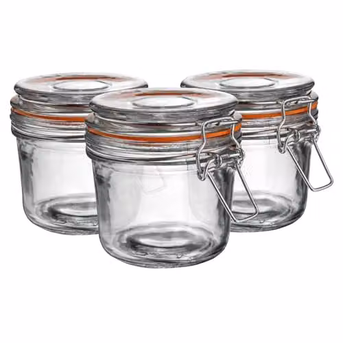 Argon Tableware Set of 3 Transparent Glass Storage Jars with Orange Silicone Seals and Stainless Steel Clip Lids, 350ml