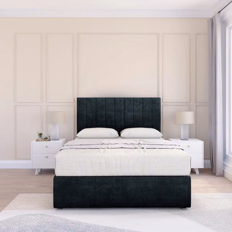 Sloomy Kansas Small Single Divan Bed Base with 54 inch Floor Standing Headboard in Black Velvet Fabric