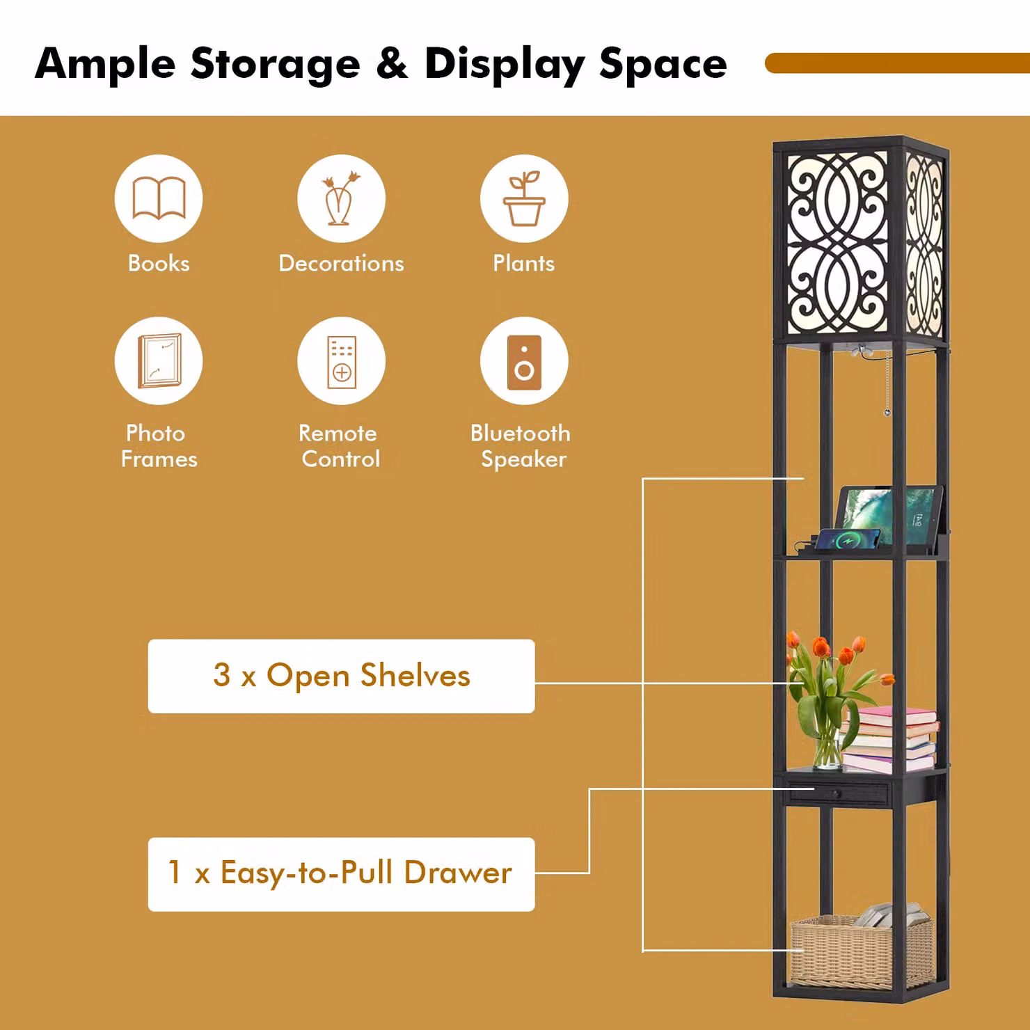 Gymax Modern Black Metal Floor Lamp with Shelving, Drawers and 2 USB Ports – 3