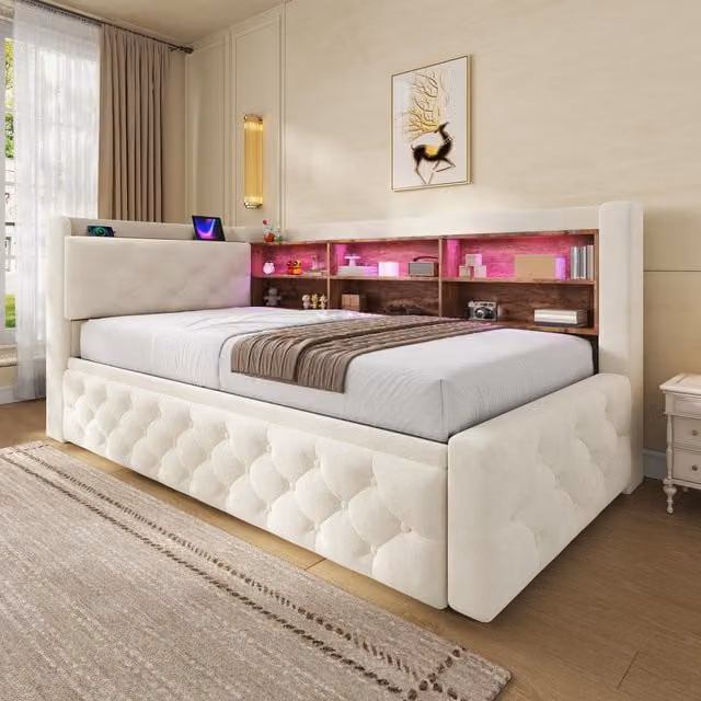 Aosom UK Beige Velvet Pull-Out Sofa Bed Frame with Wooden Headboard Shelf, LED Lighting and USB Charging, W/D/H: 211 x 91 x 84 cm – 1