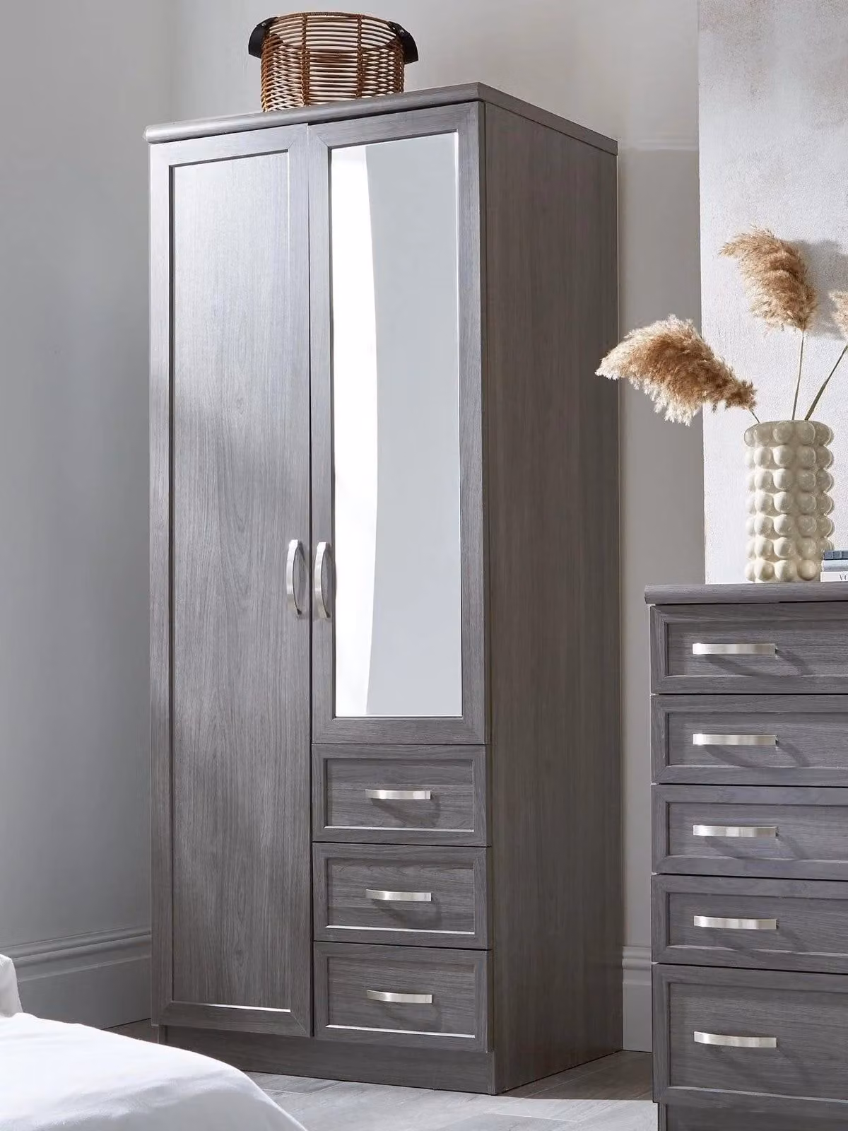 Camberley 2 Door 3 Drawer Mirrored Wardrobe in Dark Oak with Internal Shelves and Hanging Rod, H: 192 cm, W: 79 cm, D: 58 cm