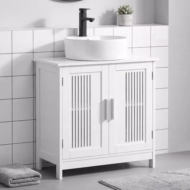 STILVORA Modern White Matt Under Sink Bathroom Cabinet with 2 Hinged Doors and Internal Shelf – 1