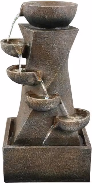 GEEZY Modern Cascading Tabletop Water Feature with LED Lights in Brown and Grey