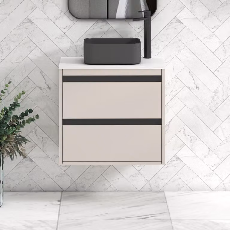 Royal Bathrooms Orion 600mm Warm Taupe Wall Hung 2 Drawer Vanity Unit with White Art Square Basin and Black Accent Trim